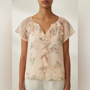 LOFT Floral Ruffle Blouse - Cream and Peach